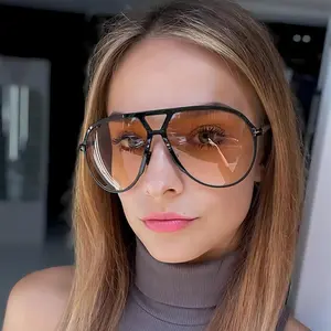 Women's Metal Oval Double-Beam Retro Temperament Ins Trendy Fashion Sunglasses Wrap Around Style