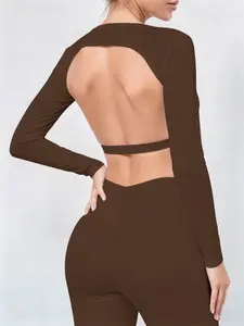 Women's long-sleeved sports T-shirt, sexy open-back high-elastic sports long sleeves, comfortable and fashionable fitness top, Gym Tops, Athletic Yoga Tops, suitable for yoga and fitness exercises