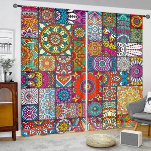 Boho Style Mandala Pattern Door Curtain, 2 Counts Colorful Door Curtain, Lightweight Semi Sunshade Door Curtain for Home Living Room Bedroom Balcony Kitchen