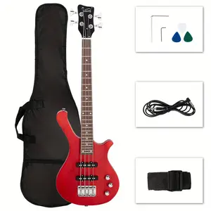36in Small Scale Electric Bass Guitar Suit With Mahogany Body SS Pickups, Guitar Bag, Strap, Cable Red