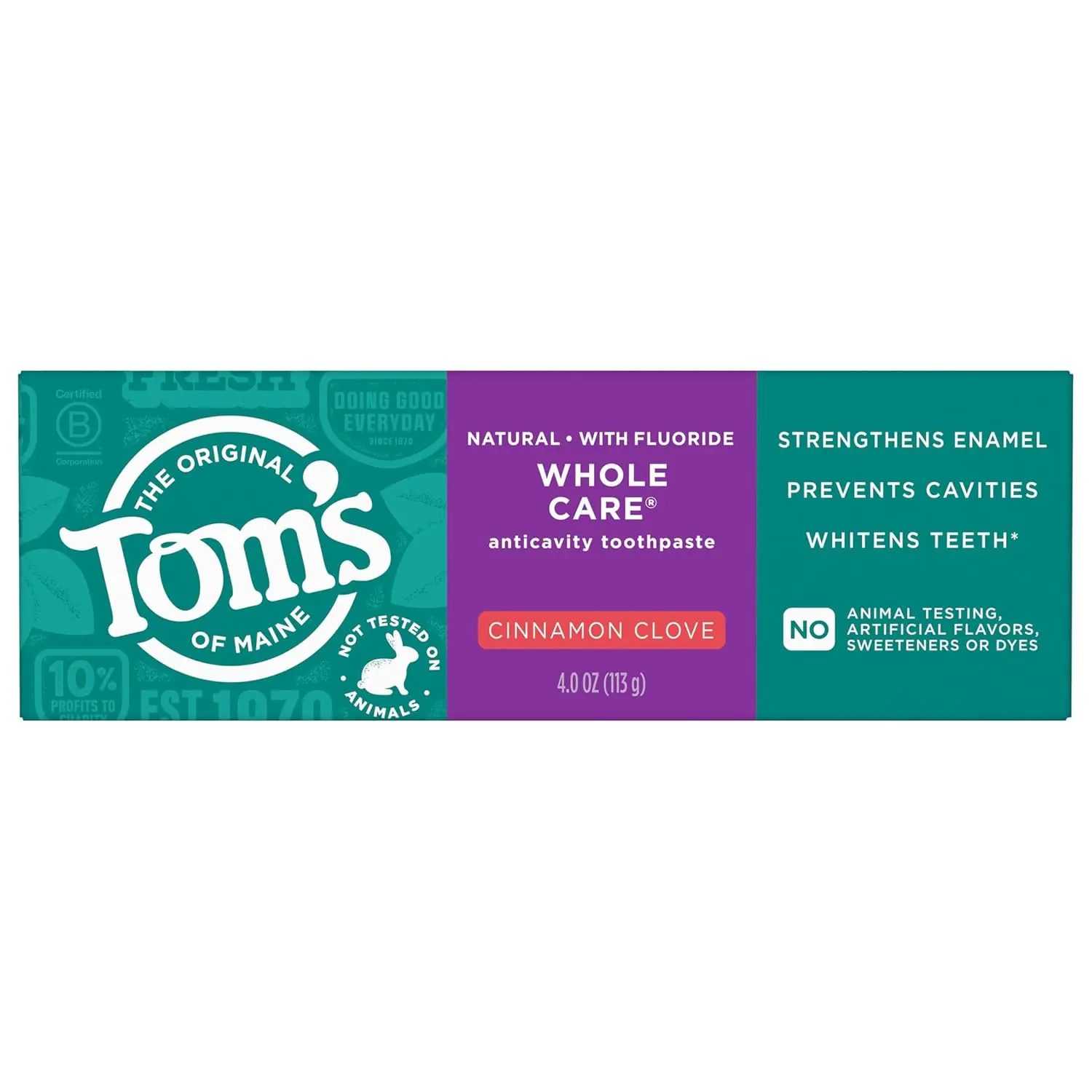 Tom's of Maine Whole Care Natural Fluoride Toothpaste 3 Pack, 4 oz | Cinnamon Clove Flavor, Anticavity Toothpaste, Prevents Cavities, Strengthens Enamel, No Artificial Dyes, Flavors, Sweeteners