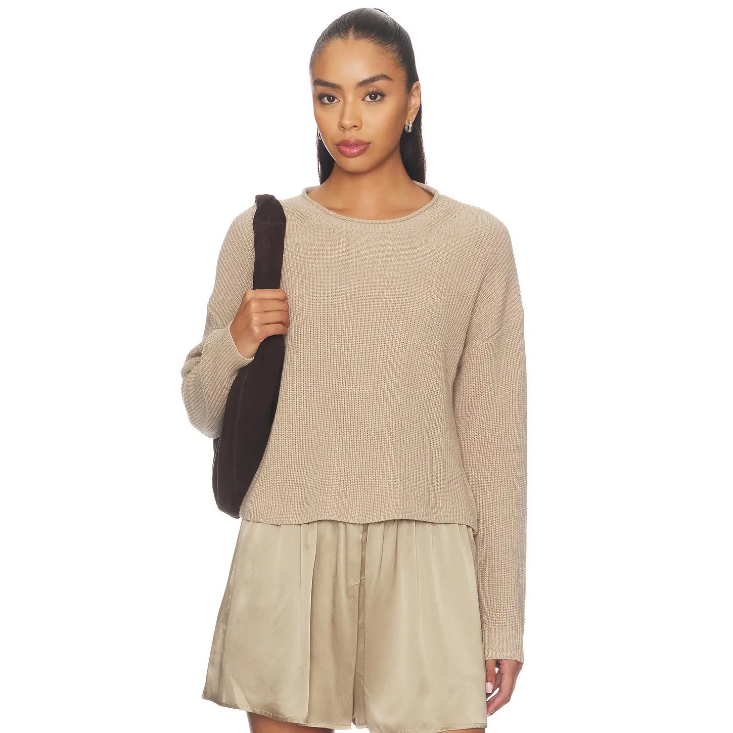 525 America Daphne Cropped Pullover Sweater in Mushroom Heather