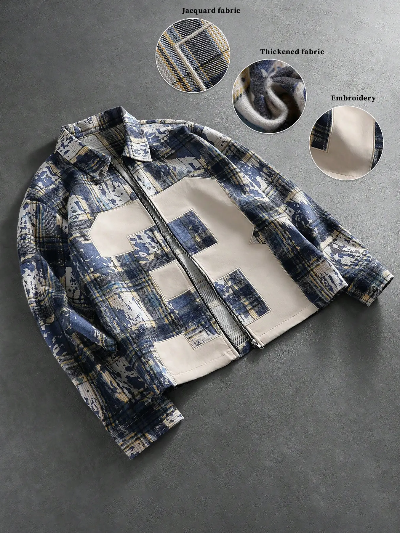 Men's Vintage Plaid Jacket, Heavyweight Embroidered Shacket, Warm Cotton Streetwear, Loose Fit Multi-Purpose Outerwear