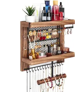 Hanging Wall Mounted Jewelry Organizer Holder For Necklaces Bracelets Earrings Rings, Rustic Wood Style Jewelry Storage Organizer
