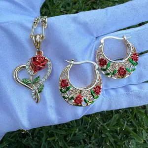Rose Necklace and Earrings Set - Gift Idea for Mothers Day, Birthday, or Any Occasion with Heart Design and Red Rose Accents