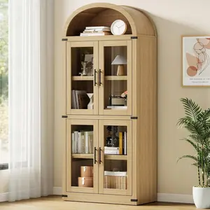 Arched Bookshelf with Doors Farmhouse Bookcase 15.83 in Depth Display Storage Shelves 71.4 in Tall Wooden Display Cabinet Rounded Bookcases for Living Room, Kitchen, Office, Wood
