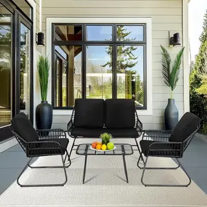 EortheX 4-Piece Metal Outdoor Furniture Set with Loveseat Coffee Table & Table for Backyard Deck and Garden Lounge Spaces Black Beige Handwoven Weather-Resistant Durable Modern Design