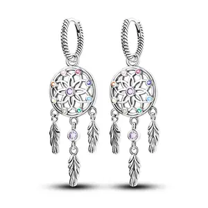 MULA Dreamcatcher Earrings in S925 Sterling Silver and Cubic Zirconia with Feather Details - Religious Symbol Design, Elegant Women's Jewelry