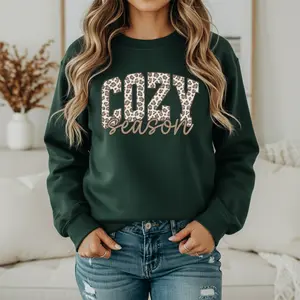 Cozy Season Crewneck Sweatshirt Cheetah Leopard Print Fall Winter Womens