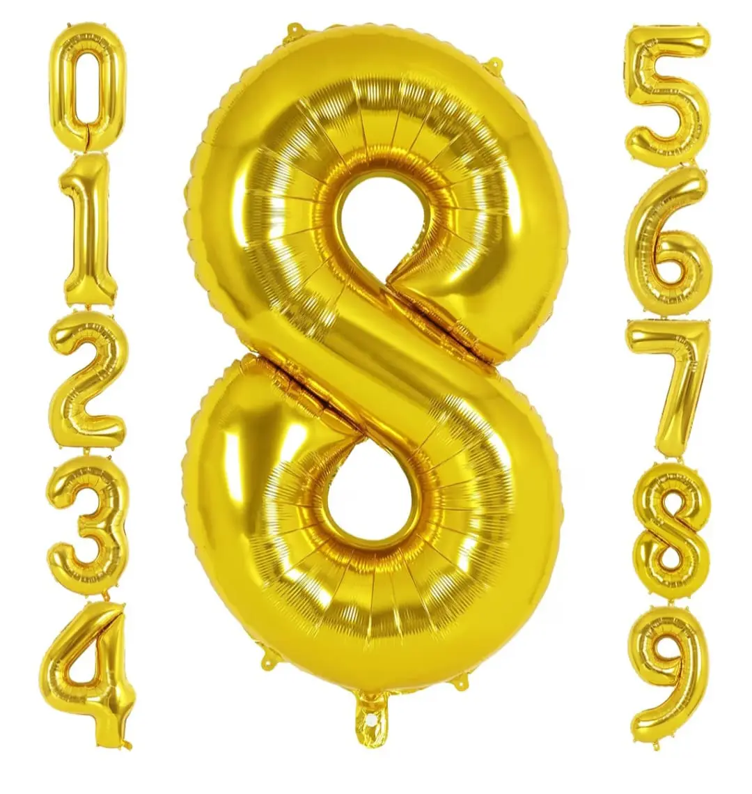 gold number 8 balloon 40 inch big, large foil helium number balloon