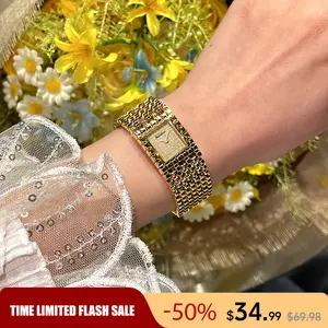 Women Luxury Gold Square Watch Vintage Roman Numeral Dial Quartz Wristwatch Elegant Bangle Bracelet Dress Watch for Ladies Gift