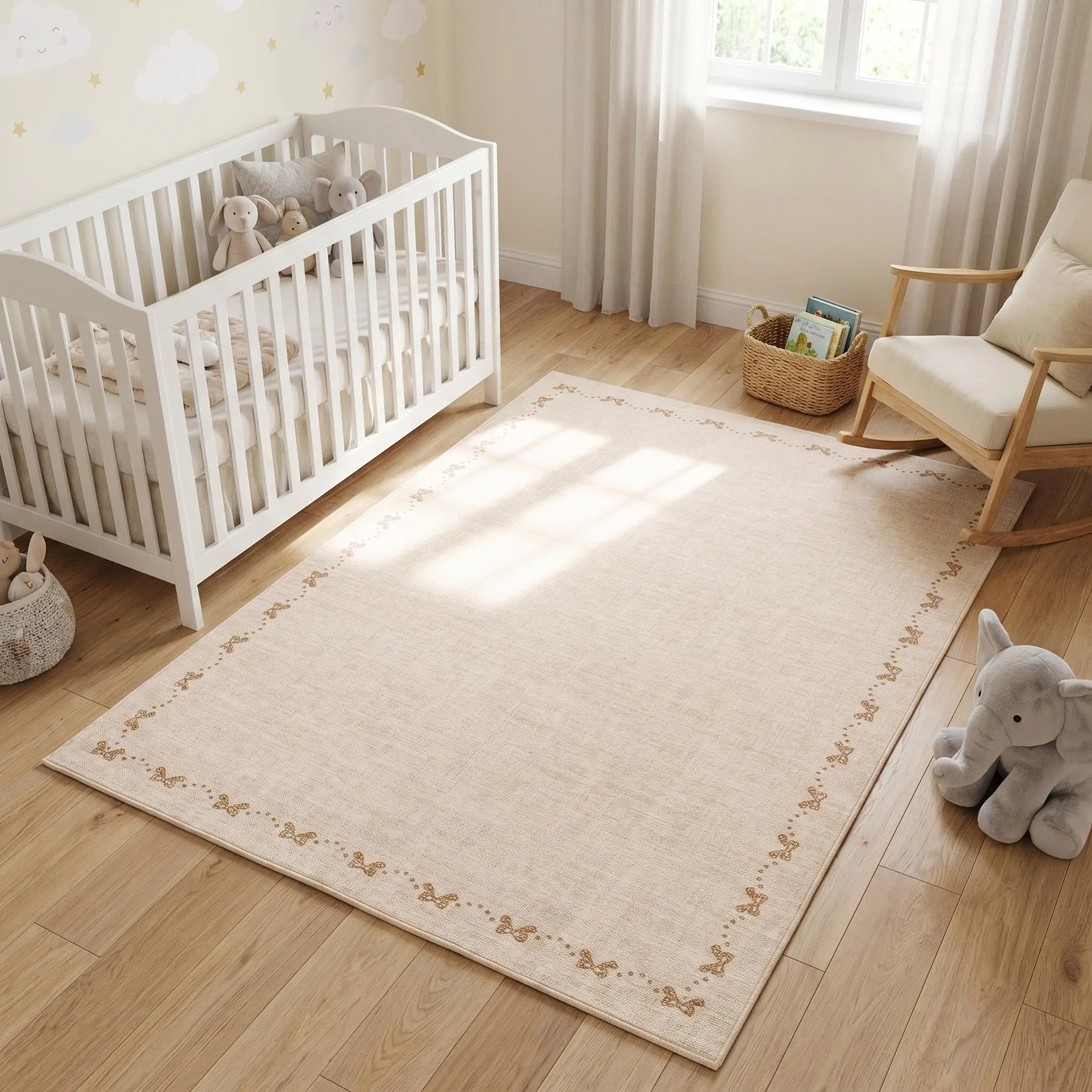 Kids Rug 5x7 Washable Rugs for Bedroom Modern Bow Rug Indoor Non Slip Accent Carpet Soft Low Pile Foldable Rugs Bowknot Border Non-Shedding Floor Mat for Living Room Nursery Girls Room Beige