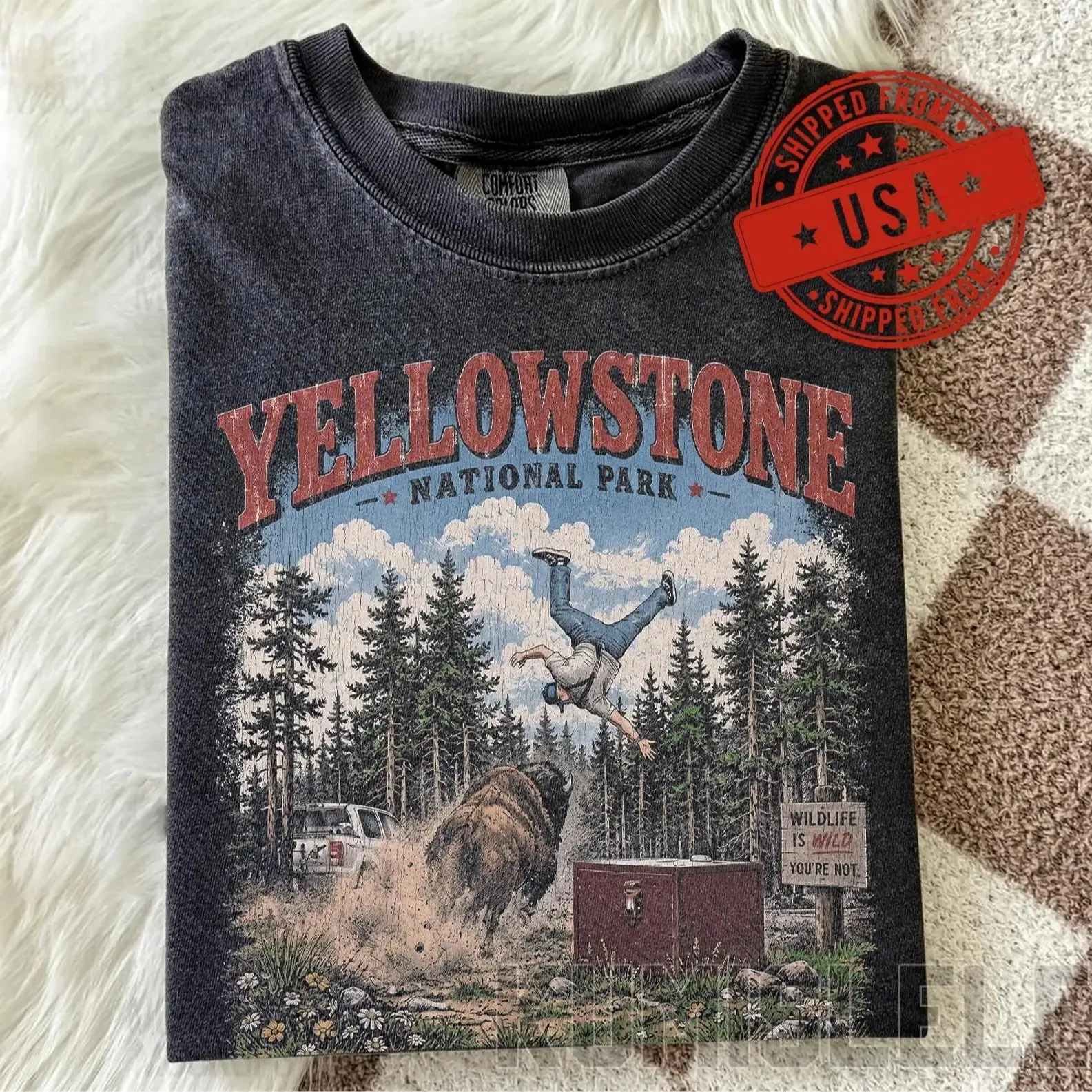 Comfort Colors Yellowstone Bison Attack T-shirt, Funny Keep Your Distance Graphic Tee, Retro National Park Shirt, Funny Bison Meme Tee, Wildlife Lover Gift