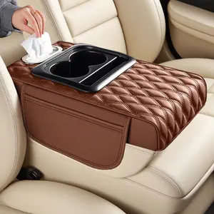 Upgraded Car Center Console Cover PU Leather High-Riding Pad Water-Resistant Wear-Resistant with Tissue Storage Bag Cup Holder Armrest Pad