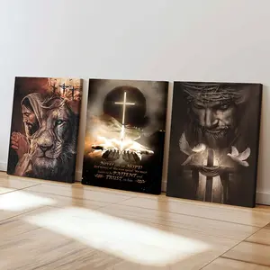 3 Counts/set Wooden Framed Canvas Poster, Cross & Lion Pattern Painting, Religious art, Artwork, Jesus, Redemption and God series, Bible images, Wall Art Decor for Modern Home Living Room Bedroom Office, Home Decor, Ideal Gifts.