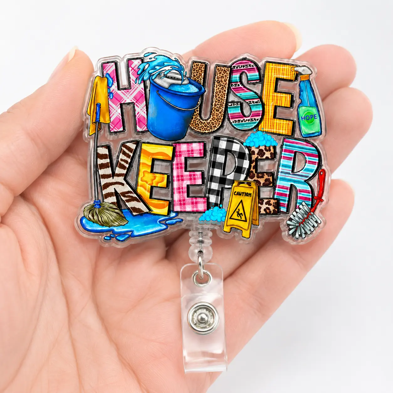 Badge Reel for Housekeepers and Cleaning Staff, Colorful Acrylic Retractable ID Badge Holder with Mop Bucket Spray Bottle and Caution Sign Design, Fun Work Accessory for Housekeeping and Janitorial Staff, 2 3 4 Inch