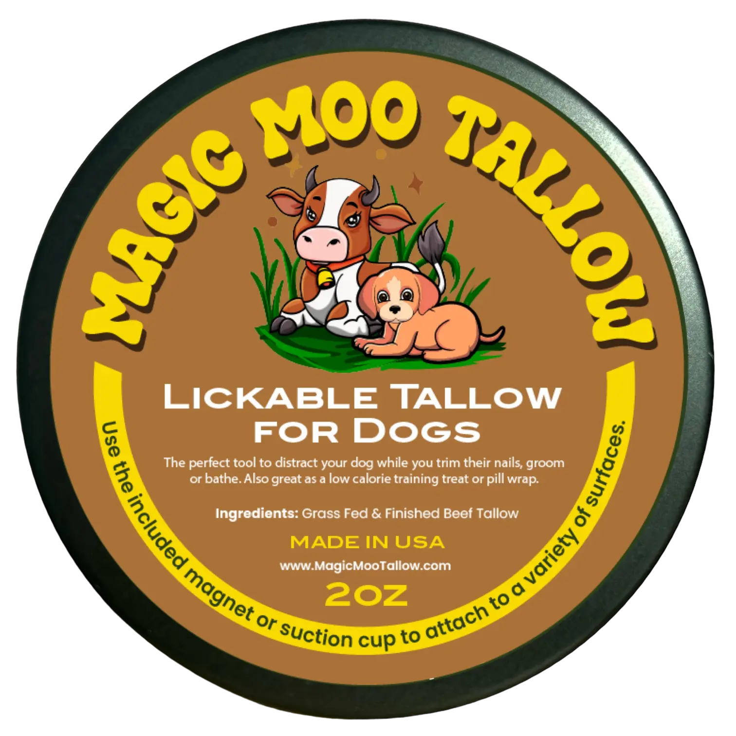 Boopie's Magic Moo Lickable Tallow for Dogs. Great for grooming, trimming nails and as a reward for doing good.