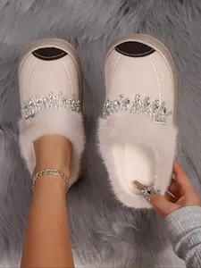 Women's Warm Fleece Lined Chiffon Slippers, Diamond Design, Fur Slip-On, Indoor & Outdoor Use, Casual Fall Winter Shoes