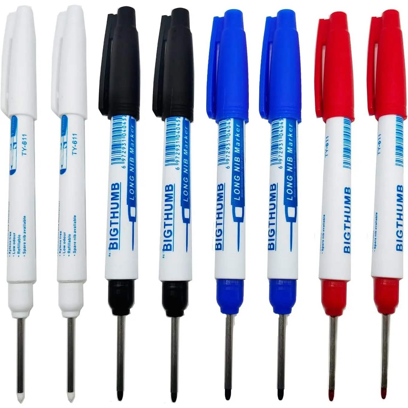 8pcs Waterproof Deep Reach Markers, Long Nose in 2mm Felt Tip, 33mm Reach Permanent Pens, Deep Hole Carpenter Ink for Builders Construction