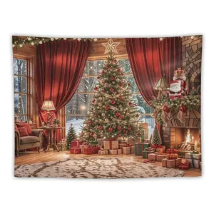 Cozy Christmas Indoor Tapestry with Decorated Tree Gifts Fireplace Stockings Red Curtains and Sofa for Warm Holiday Atmosphere