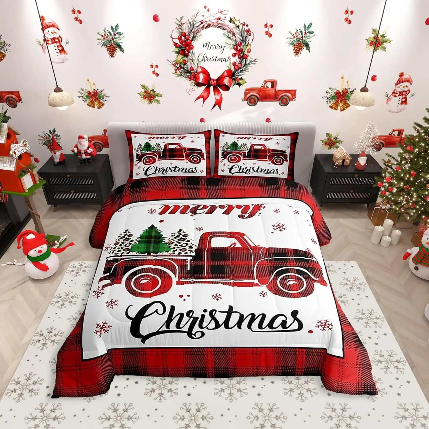 Red Truck Comforter Set Xmas Tree Snowflake Bedding Set for Kids Boys Girls Bedroom Decor Christmas Theme Red Plaid Quilt Set New Year Duvet Insert