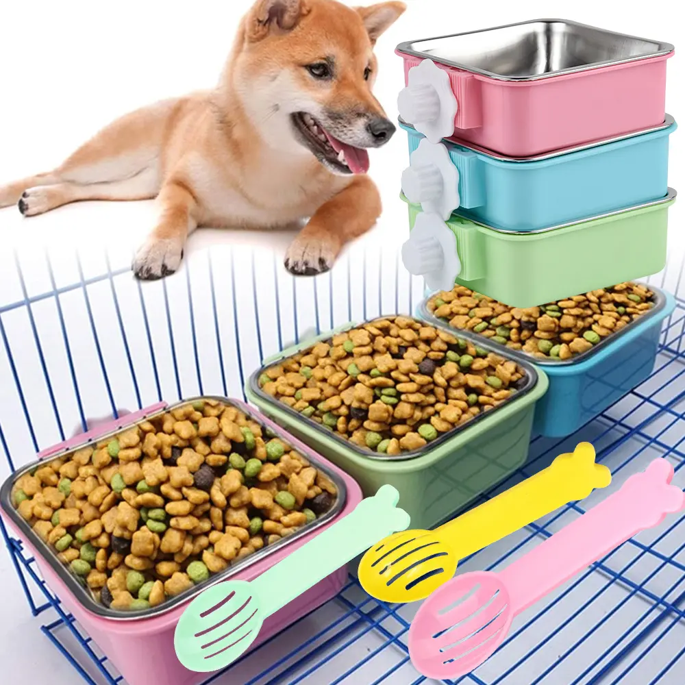 3pcs (2size)Solid Color Dog Bowl Removable Stainless Steel Water Food Feeder Bowl Hanging Pet Cage Bowl Cage Chicken Coop Cup Suitable for Dogs Cats Puppies Rabbits Birds Small Pets Square Christmas Gift