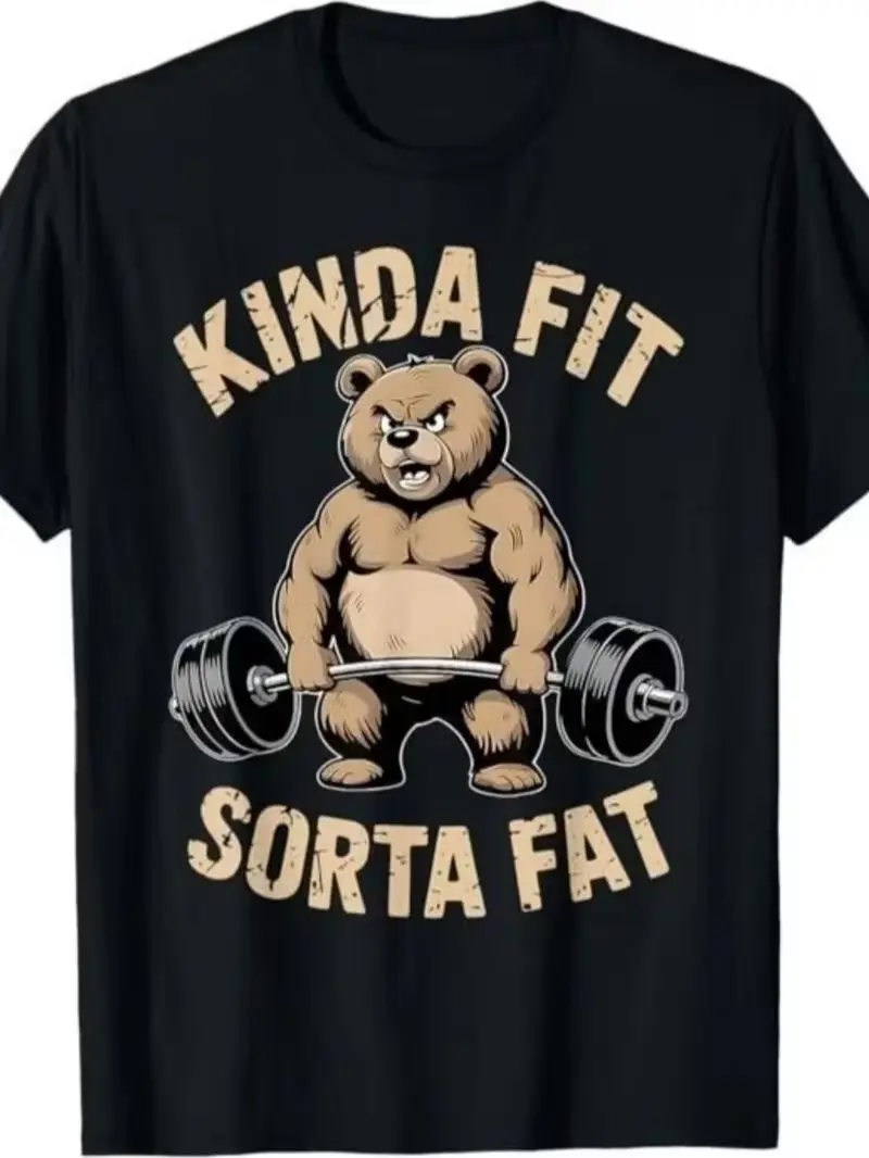 A Relaxed Crew Neck Shirt Featuring a Humorous Design of a Chubby Bear Lifting Weights, Made from Soft Material That'S Stylish And Suitable for All Body Types, with a Mild Stretch for Throughout The Year, Plus Size