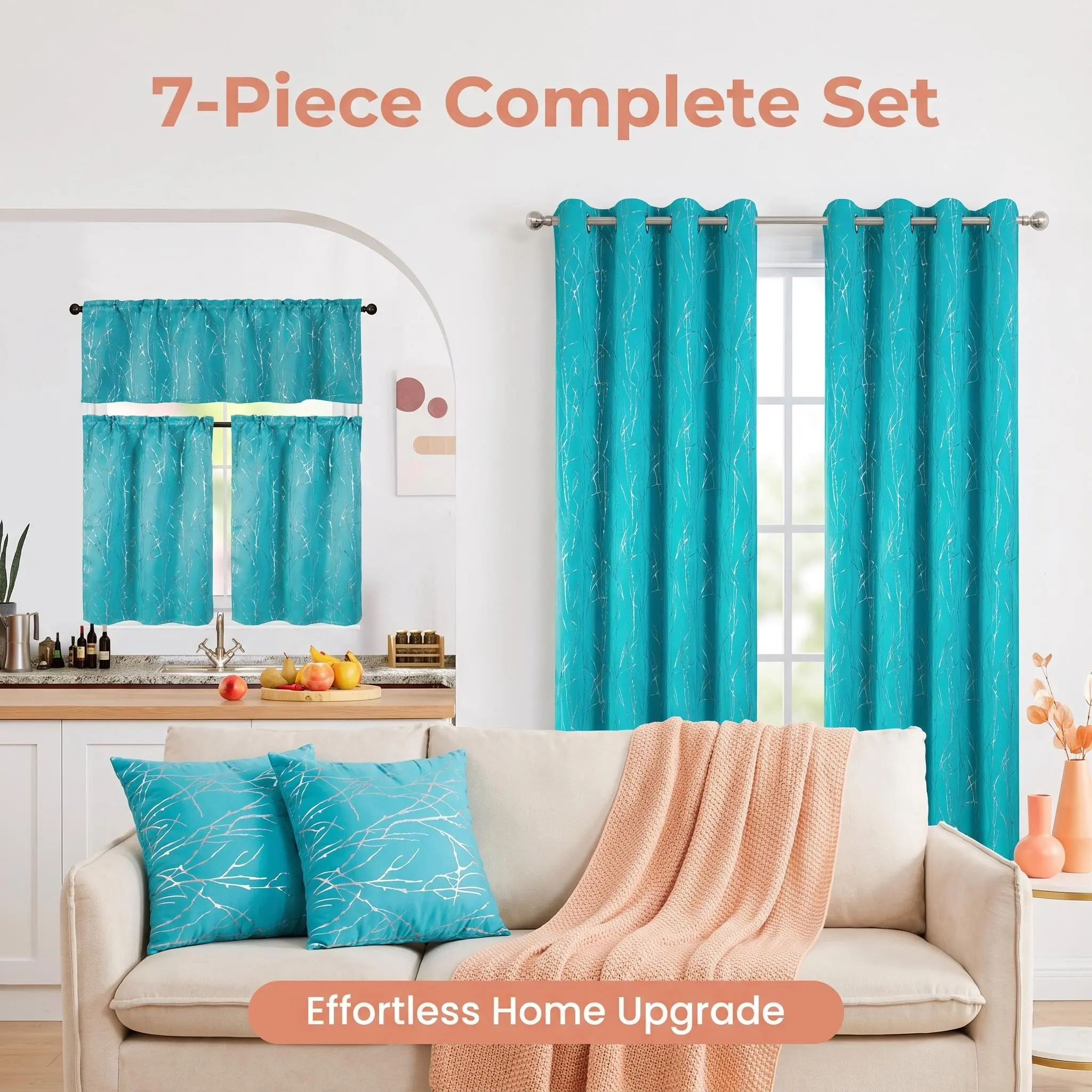 7 Panels Custom Set, the fabric is tree branch ink-printed blackout fabric. It includes: 2pcs of 52x84inches curtains, 2pcs of 18x18inches cushions, 3pcs of 52x18+26x36inches kitchen curtains. Fully customized for the entire house, FT24791 QF900