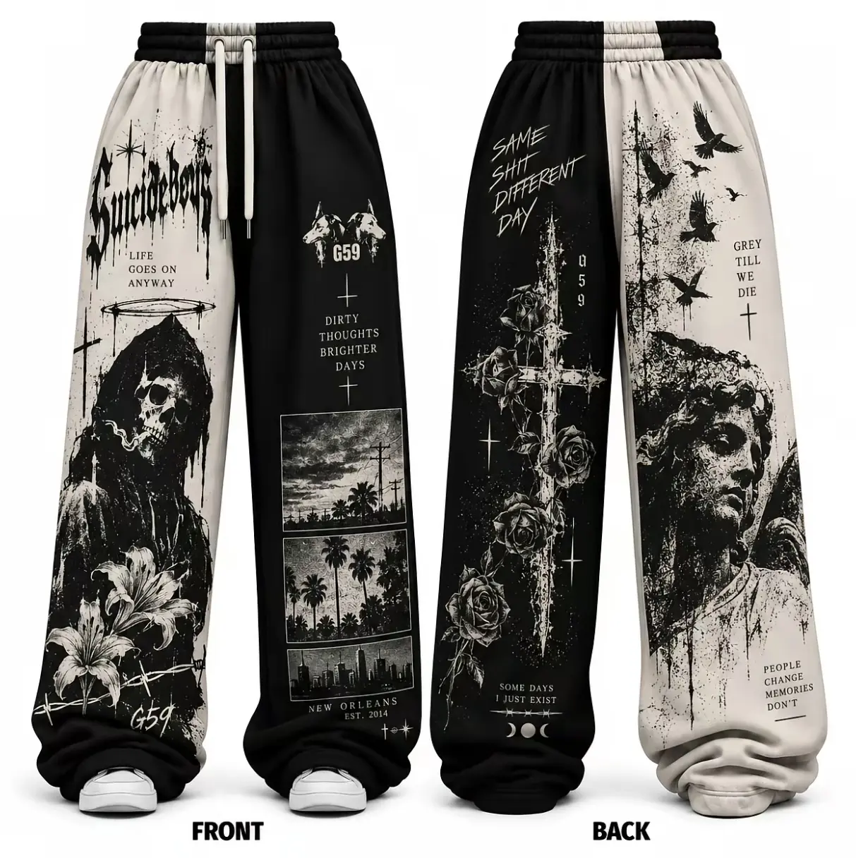 $B G-59 Inspired Rap Graphic Loose Pants, Vintage Dark Gothic Baggy Sweatpants, Unisex Hip Hop Streetwear Trousers