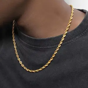 14k Gold 4mm Rope Chain Necklace Trendy Durable Cuban Twist Jewelry, Hip Hop Street Style, Everyday Wear, Adjustable Length, Perfect Gift For Birthday, Anniversary, Or Special Occasion, Elegant & Stylish Statement Accessory