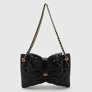 URBAN REVIVO 2026 Spring New Women's Adjustable Crossbody Shoulder Bag - Elegant Bow Tweed, Quilted Shoulder Design, Style UAWB60088