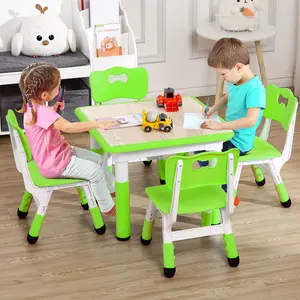 Garvee Adjustable Height Kids Table and 4 Chairs Set – Modern Toddler Furniture with Non-Slip Legs – Graffiti-Resistant Easy-Clean Desktop – Ideal for Kindergarten, Playroom, or Living Room – Green