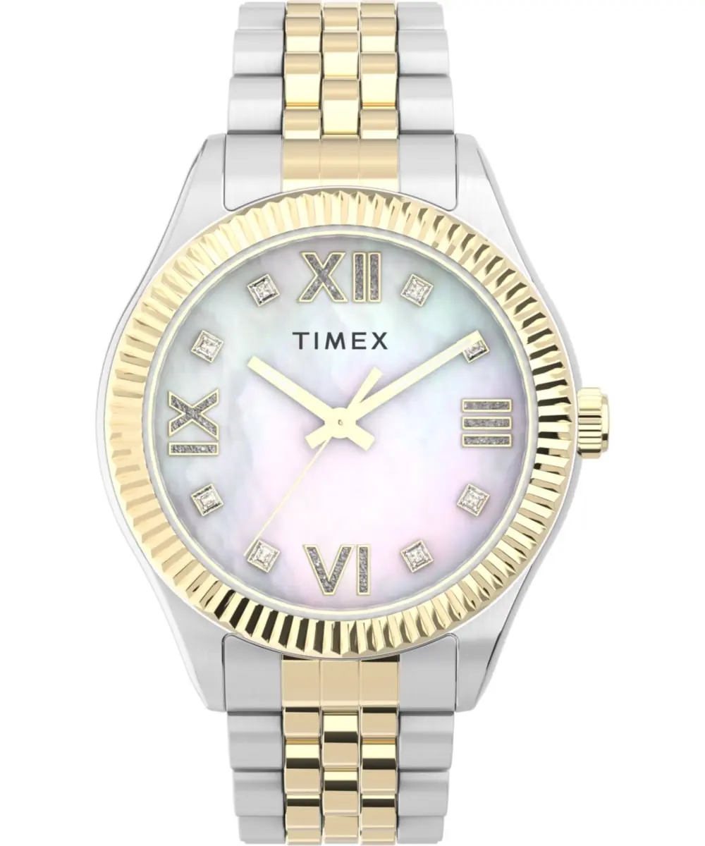 TIMEX Women's Waterbury Legacy 34mm Watch, 2-Tone Stainless Steel Bracelet, Mother-of-Pearl Dial with Crystal Accents, Waterproof, Fashionable Waterproof Watch, Quartz Movement