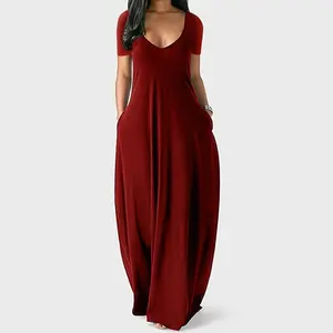 plus Size Women's Solid Color Sexy Deep V Short Sleeve and Long Pattern Pocket Dress