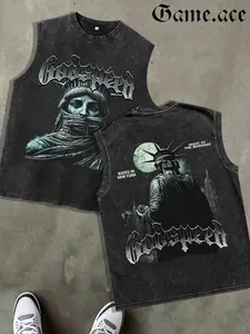 1 PCS GAME.ACE Washed Black Sleeveless Tank Top, Dark Gothic Statue of Liberty "Godspeed" Graphic Print, Casual Edgy Streetwear, 100% Cotton Breathable Unisex Vest, Ideal for Daily Wear, Casual Outings, Great Gift for Gothic & Urban Style Fans