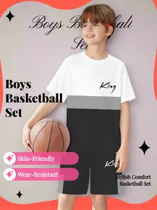 Boys' Casual Basketball Two-Piece Set, Slim-Fit Short Pants & Top, Soft Durable Fabric, Random Print Design, Sportswear Set