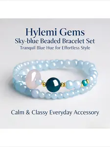 Hylemi Love Aquamarine Simulated Crystal Bracelet, Double-Layer Faux Aquamarine Beaded Stretch Bracelet