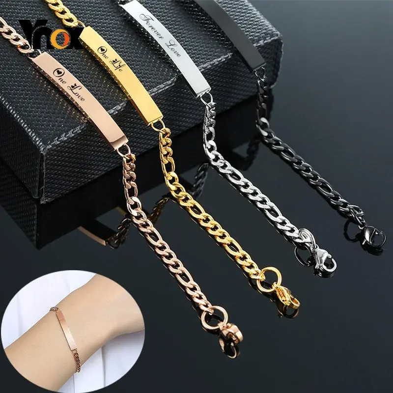 Vnox Women's Personalize Custom Love Name Bracelets 4 Colors Option Solid Stainless Steel Bar Link Chain Anniversary Jewelry