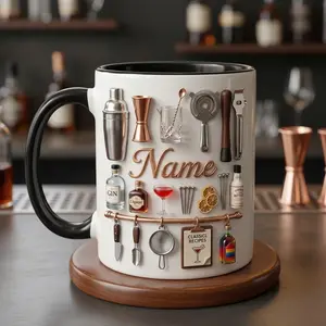 Personalized Mixology Mug, 2D Printed 3D Effect Bartender Coffee Cup with Custom Name, Faux 3D Cocktail Bar Theme Mug for Bartenders and Mixology Lovers, Stylish Home Bar Coffee Mug, Perfect Birthday Christmas Gift Idea