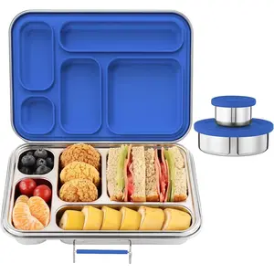Stainless Steel Bento Box for Adults & , 5-Compartment Lunch Box with 2 Sauce Containers,  Bento Lunch Container, Dishwasher Safe, School & Work Meal Prep Lunch Container (Blue)