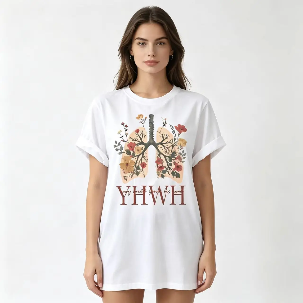 T - Shirt with Spiritual Symbolism: Lungs Graphic Adorned with Flowers and the Text 'YHWH' for a Devotional Look Sweatshirt Printed Love Womenswear