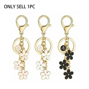 Initial Keychain White/Pink/Black Cute Keychain Kawaii Girl Purse Charms for Handbag Cute Letter Flower Keyring for Backpack Keychain for Bags