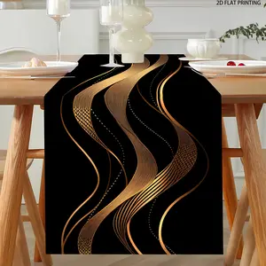 2D flat printing, 1-piece elegant black gold abstract art table runway - linen material table flag, suitable for holiday table decoration and New Year gifts