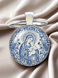 Elegant Round Convex Glass Keychain, Alloy Material with Cartoon Pattern, Perfect for Christmas, Easter, and Ascension Day, 1 Piece Set