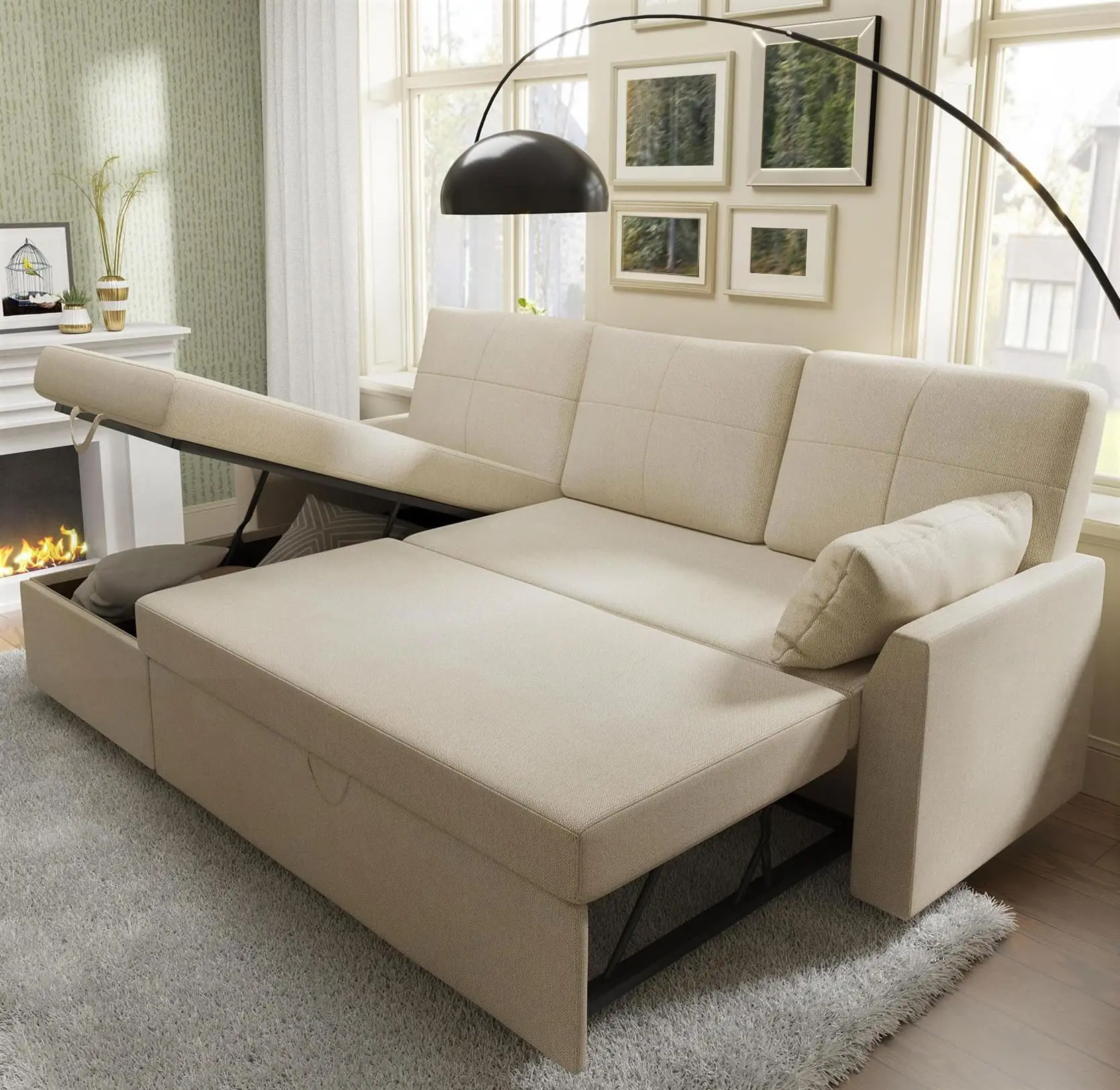 [Ships in 2 Boxes] [Summerwins][Fathersdaygift] AMERLIFE L-Shaped Sectional Storage Sofa with Chaise, Reversible Sleeper Sofa Bed, 2-in-1 Pull Out Couch Living Room Furniture/Best Gift Ideas/Christmas Gifts