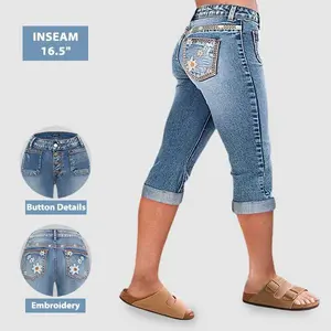 Flamingals Floral Embroidered Button Fly Mid Rise Capri Jeans Womenswear Comfortable Fit Denim Bottom Casual Basic Skinny Elegance Style Mid Blue Everyday