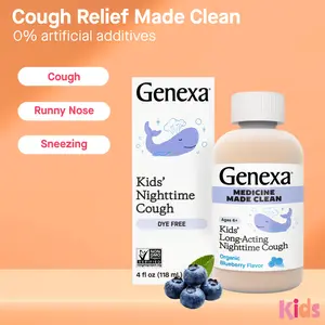 Genexa Clean Kids' Long-Acting Nighttime Cough Medicine, Dye Free, 0% Artificial Additives, Children’s Cough Suppressant, Relief for Runny Nose & Sneezing, Ages 6+, Organic Blueberry Flavor, 4 fl oz