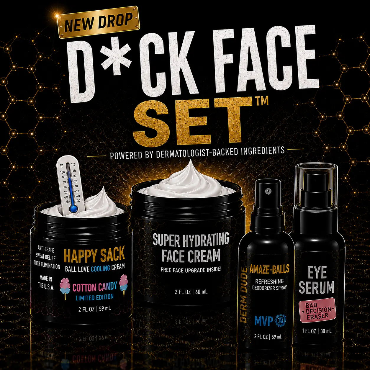 Derm Dude D*ck Face Special-Edition Scent Men's Skincare Set - Peptide + Electrolyte Formula, Clinically Proven Odor-Eliminating Ball Cream, Cotton Candy + Shea Infused Serum, Eye Serum, Free Amaze Balls Deo Spray