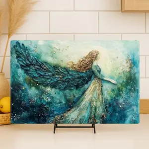 Teal Angel Glass Cutting Boards, Mystical Counter Art, Spiritual Kitchen Board, Alcohol Ink Serving Tray, Celestial Gift Idea