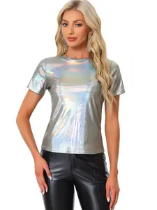 INSPIRE CHIC Party Metallic Textured Short Sleeve Shiny Multicolor Top